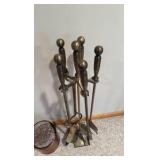 fireplace tool set with copper  bucket, and kindling
