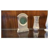 Belleek clock and vase. Lenox vase.