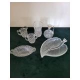 Crystal Diamond-Cut Glassware Lot - Tall Vase, Decanter, 2 Creamers & Leaf Dish