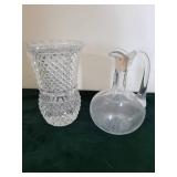 Crystal Diamond-Cut Glassware Lot - Tall Vase, Decanter, 2 Creamers & Leaf Dish