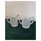 Crystal Diamond-Cut Glassware Lot - Tall Vase, Decanter, 2 Creamers & Leaf Dish