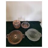Vintage Pink and Clear Pressed Glassware - Lidded Jar & Patterned Plates