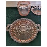 Vintage Pink and Clear Pressed Glassware - Lidded Jar & Patterned Plates