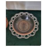 Vintage Pink and Clear Pressed Glassware - Lidded Jar & Patterned Plates