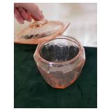 Vintage Pink and Clear Pressed Glassware - Lidded Jar & Patterned Plates