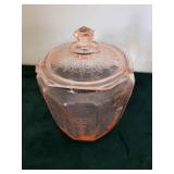 Vintage Pink and Clear Pressed Glassware - Lidded Jar & Patterned Plates