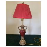 Vintage Brass Table Lamp with Pink Pleated Shade and Red Ceramic Body