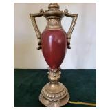 Vintage Brass Table Lamp with Pink Pleated Shade and Red Ceramic Body