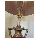 Vintage Brass Table Lamp with Pink Pleated Shade and Red Ceramic Body