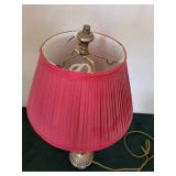 Vintage Brass Table Lamp with Pink Pleated Shade and Red Ceramic Body