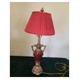Vintage Brass Table Lamp with Pink Pleated Shade and Red Ceramic Body