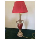 Vintage Brass Table Lamp with Pink Pleated Shade and Red Ceramic Body
