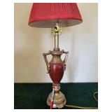 Vintage Brass Table Lamp with Pink Pleated Shade and Red Ceramic Body