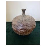 Handmade Ceramic Vessel with Leaf Vein Pattern and Narrow Neck - Maker's Mark ES