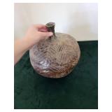 Handmade Ceramic Vessel with Leaf Vein Pattern and Narrow Neck - Maker's Mark ES
