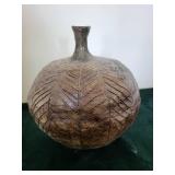 Handmade Ceramic Vessel with Leaf Vein Pattern and Narrow Neck - Maker's Mark ES