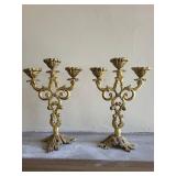 Pair of Ornate Gilt Brass Candelabras, Rococo Revival