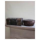 Asian-Style Wood Trunk With Calligraphy Script Panels & Round Wicker Basket (Lot of 2)