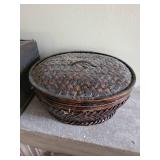 Asian-Style Wood Trunk With Calligraphy Script Panels & Round Wicker Basket (Lot of 2)