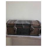 Asian-Style Wood Trunk With Calligraphy Script Panels & Round Wicker Basket (Lot of 2)