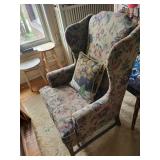 Vintage Floral Upholstered Wingback Armchair with Decorative Pillow