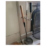 Antique Fireplace Tool Set with Brass Centerpiece Stand and Wooden-Handled Poker