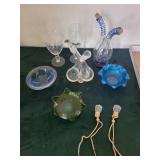 Assorted Glassware - Iridescent Green Starburst Bowl, Coiled Blue Decanters, Clear Goblets