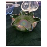 Assorted Glassware - Iridescent Green Starburst Bowl, Coiled Blue Decanters, Clear Goblets