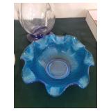 Assorted Glassware - Iridescent Green Starburst Bowl, Coiled Blue Decanters, Clear Goblets
