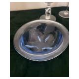 Assorted Glassware - Iridescent Green Starburst Bowl, Coiled Blue Decanters, Clear Goblets