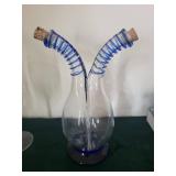 Assorted Glassware - Iridescent Green Starburst Bowl, Coiled Blue Decanters, Clear Goblets