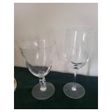 Assorted Glassware - Iridescent Green Starburst Bowl, Coiled Blue Decanters, Clear Goblets