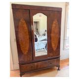 Art Deco Walnut Veneer Armoire Wardrobe w Mirror & Drawer