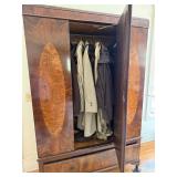 Art Deco Walnut Veneer Armoire Wardrobe w Mirror & Drawer