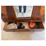 Art Deco Walnut Veneer Armoire Wardrobe w Mirror & Drawer