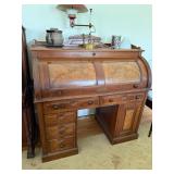 Antique Roll Top Desk Birdseye Veneer Multiple Drawers Good Cond