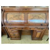Antique Roll Top Desk Birdseye Veneer Multiple Drawers Good Cond
