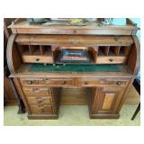 Antique Roll Top Desk Birdseye Veneer Multiple Drawers Good Cond