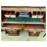Antique Roll Top Desk Birdseye Veneer Multiple Drawers Good Cond