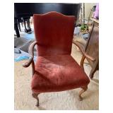 Antique Style Upholstered Armchair Carved Wood Queen Anne Form