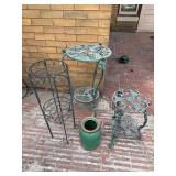 Vintage Garden Plant Stands & Green Ceramic Pot 4 Pc Patio Decor Lot