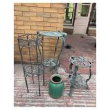 Vintage Garden Plant Stands & Green Ceramic Pot 4 Pc Patio Decor Lot