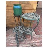Vintage Garden Plant Stands & Green Ceramic Pot 4 Pc Patio Decor Lot