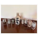Vintage Japanese Style Stoneware Sake Set Bottle 7 Cups Damaged
