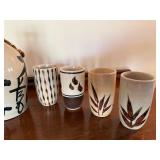 Vintage Japanese Style Stoneware Sake Set Bottle 7 Cups Damaged
