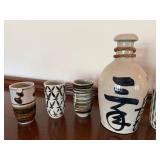 Vintage Japanese Style Stoneware Sake Set Bottle 7 Cups Damaged