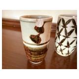 Vintage Japanese Style Stoneware Sake Set Bottle 7 Cups Damaged