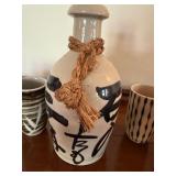 Vintage Japanese Style Stoneware Sake Set Bottle 7 Cups Damaged