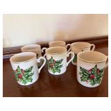 Set of 6 Christmas Holly Berry Demitasse Cups Gold Trim Small Mugs