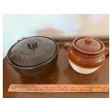 Vintage Stoneware Covered Bean Pot & Crock Lot Brown Ceramic Kitchenware